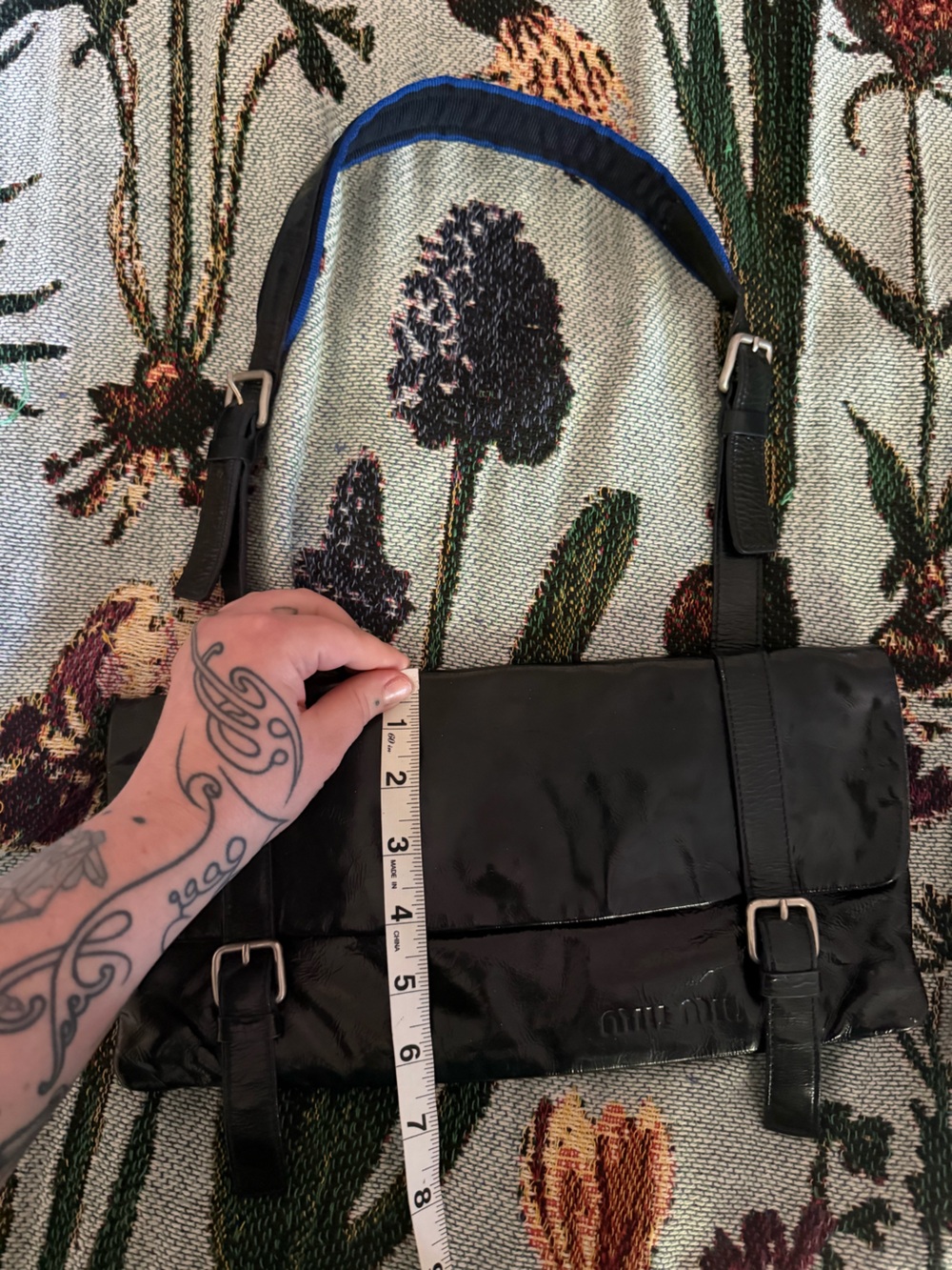 Vintage Miu Miu Blue Black Shiny Leather Wet Look Buckle Mini Shoulder Bag - Picture 13 of 14